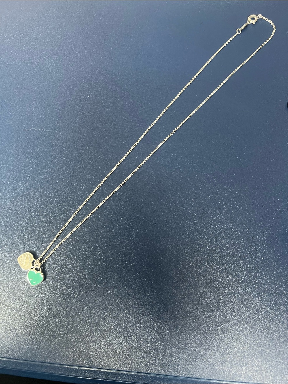 Tiffany & Co. Silver Chain with Green Enamel Heart and Small Tag